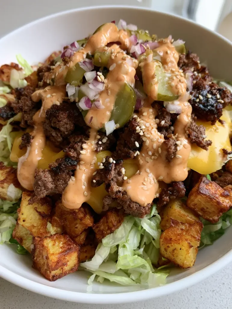 Close up of a Smash Burger Bowl in a white ceramic bowl showing toasted sesame seeds and creamy special sauce over charred beef.
