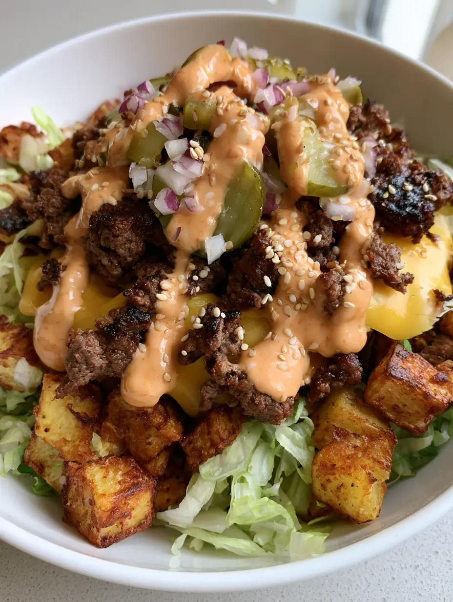 Close up of a Smash Burger Bowl in a white ceramic bowl showing toasted sesame seeds and creamy special sauce over charred beef.