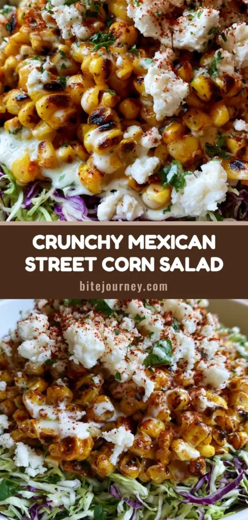 A top-down view of Mexican Street Corn Salad featuring charred corn, shredded purple cabbage, and creamy lime crema drizzle. (Mexican Street Corn Salad)