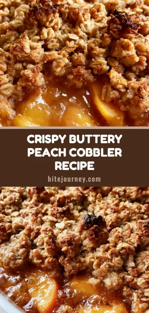 A close-up vertical shot of Peach Cobbler with Oatmeal Crumble in a white dish, featuring bubbling amber syrup and toasted golden oats.