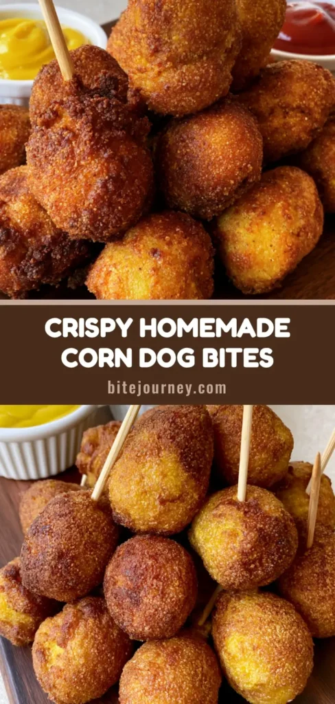 Corn Dog Bites: The Ultimate Crispy Deep-Fried Party Appetizer 3 A pile of crispy, golden-brown Corn Dog Bites on a dark wood board with toothpicks and dipping sauces.