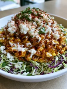 Handheld smartphone photo of a Mexican Street Corn Salad in a white bowl with charred kernels and cotija cheese. (Mexican Street Corn Salad)
