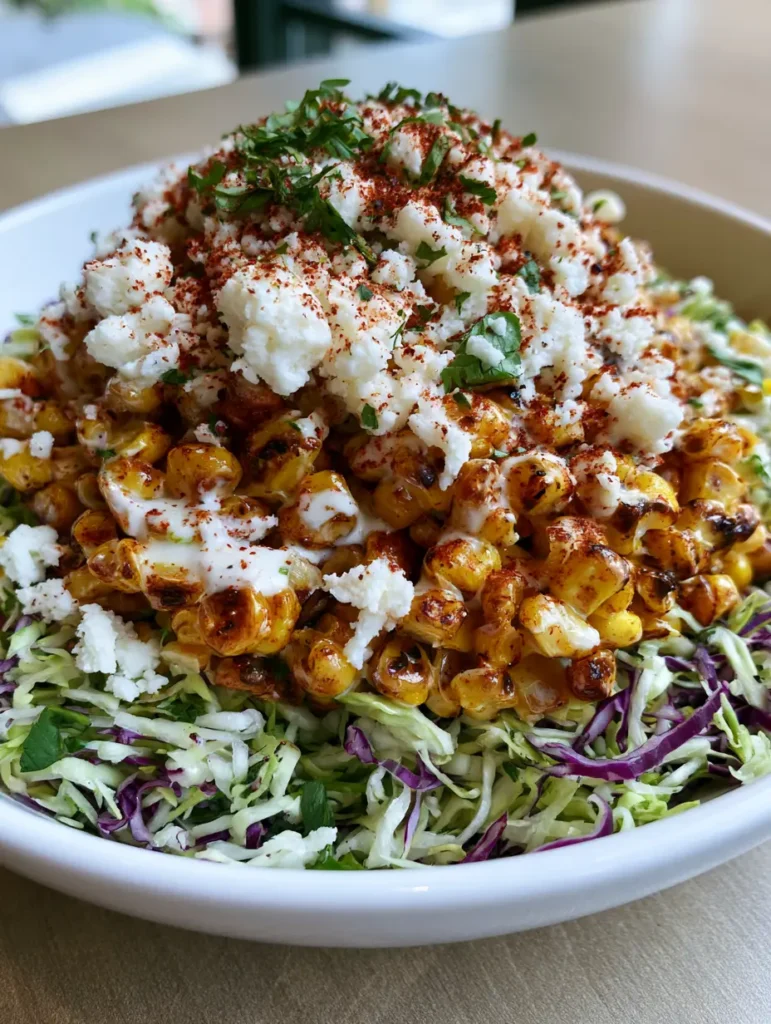 Handheld smartphone photo of a Mexican Street Corn Salad in a white bowl with charred kernels and cotija cheese. (Mexican Street Corn Salad)
