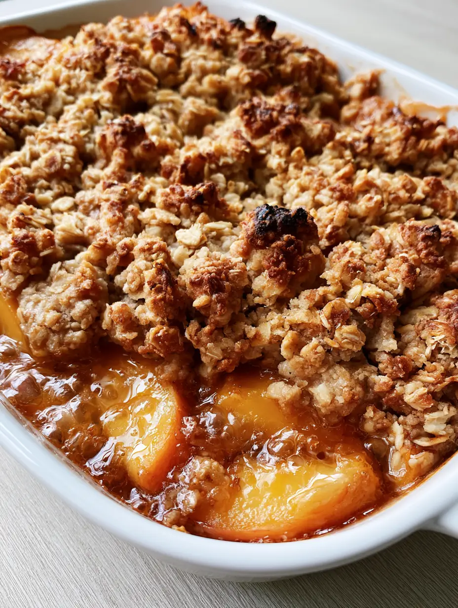 A close-up shot of Peach Cobbler with Oatmeal Crumble showing the thick amber peach glaze and toasted rolled oats.