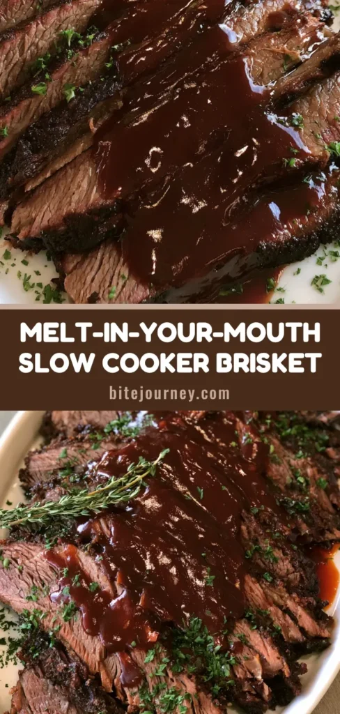 A Pinterest pin showing sliced Slow Cooker Beef Brisket with mahogany gravy and fresh herbs on a white platter.