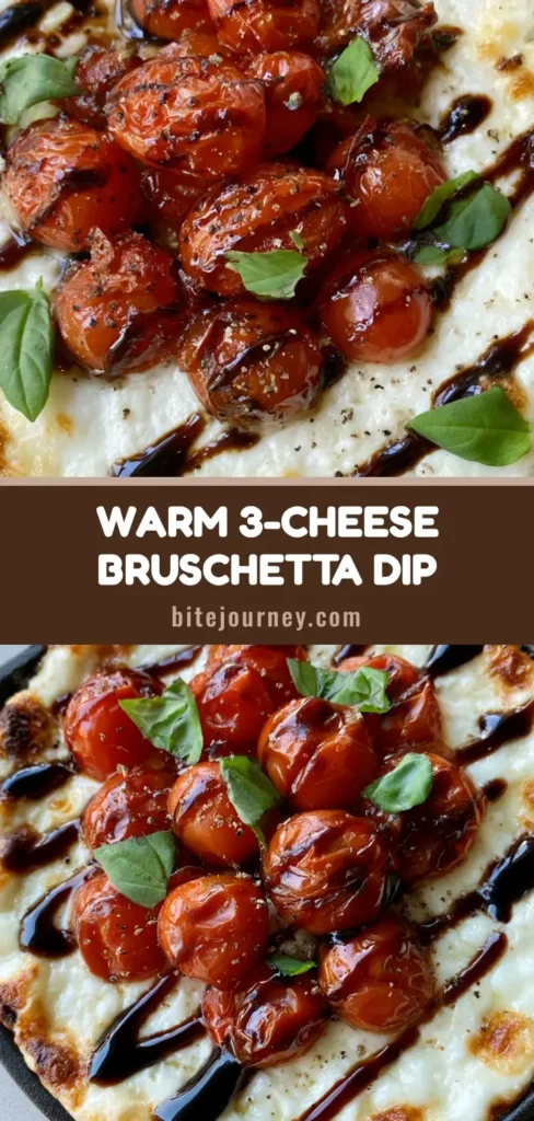 A top-down view of a bubbling Three-Cheese Tomato Bruschetta Dip in a cast iron skillet with roasted tomatoes and balsamic glaze.