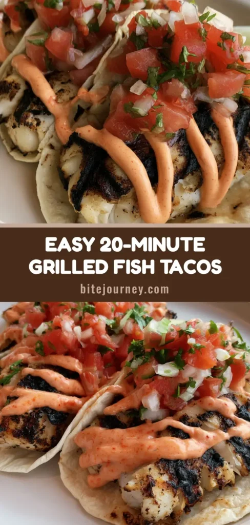 Three grilled fish tacos on a white plate with charred white fish, orange spicy mayo, and fresh pico de gallo. (Grilled Fish Tacos)