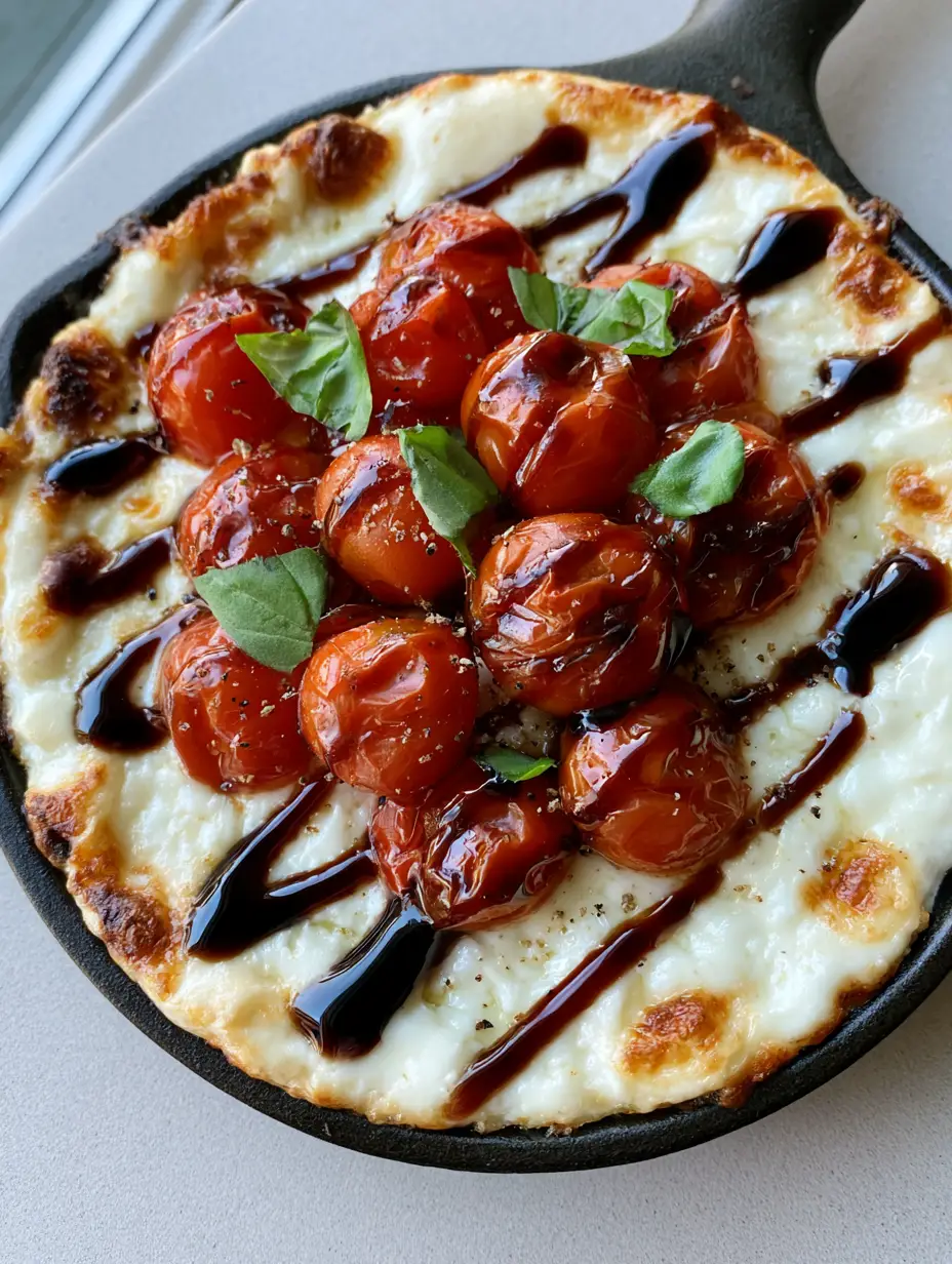 Close up of melted mozzarella and golden-brown edges on a Three-Cheese Tomato Bruschetta Dip.