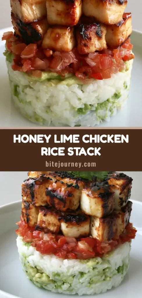 A professional food photography shot of a Honey Lime Chicken Rice Stack on a white ceramic plate, featuring layered avocado rice, tomato salsa, and glazed chicken.