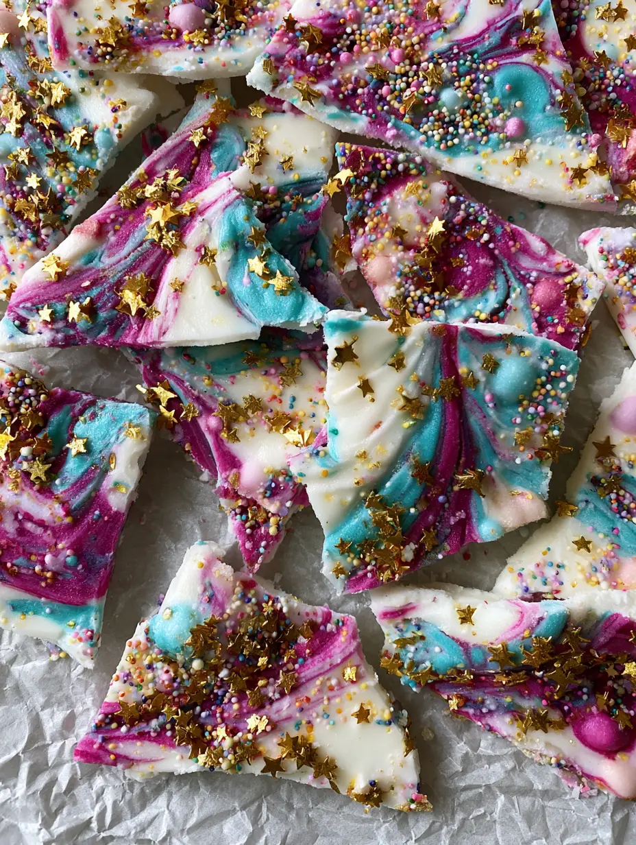 Close up of frozen Unicorn Yogurt Bark showing matte texture, crystalline edges, and colorful sprinkles.