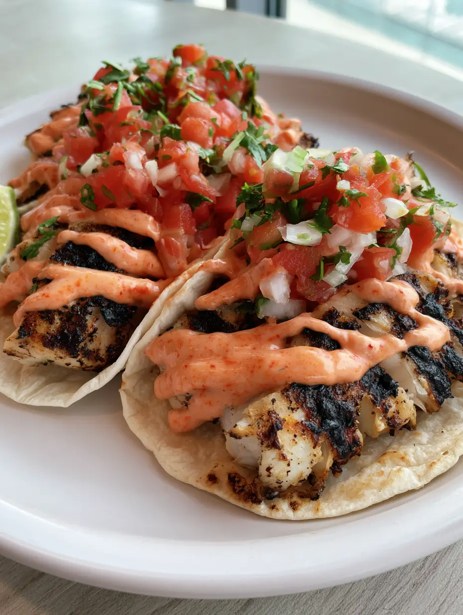 A handheld photo of three grilled fish tacos on a white ceramic plate with charred fish and creamy orange mayo. (Grilled Fish Tacos)