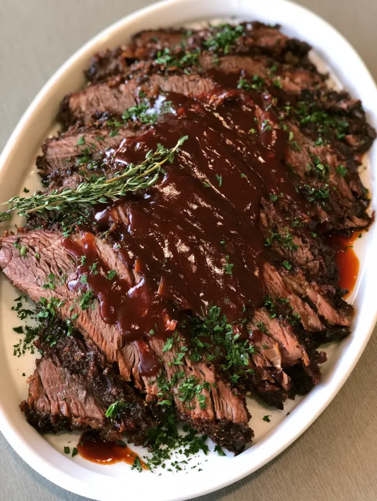 High-angle view of Slow Cooker Beef Brisket on a white ceramic platter with thyme sprigs.