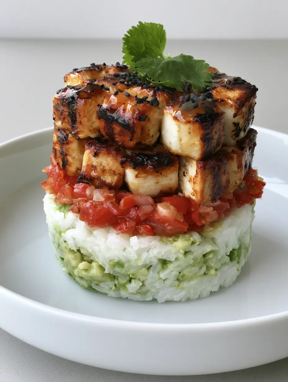 Close-up of the Honey Lime Chicken Rice Stack showing the creamy avocado rice base and glistening honey lime glaze.