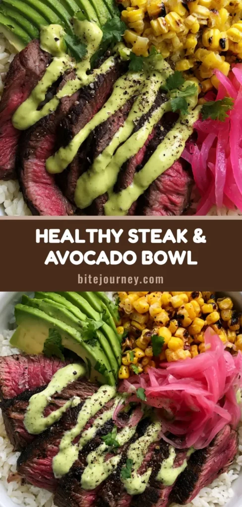A top-down view of a Steak and Avocado Bowl featuring seared medium-rare steak, sliced avocado, charred corn, and pickled red onions over rice with cilantro cream drizzle.