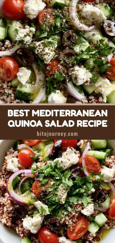 Mediterranean Quinoa Salad: The Ultimate Fresh & Healthy Lunch 3 A close-up vertical shot of Mediterranean Quinoa Salad with white and red grains, cherry tomatoes, and feta cheese. (Mediterranean Quinoa Salad)