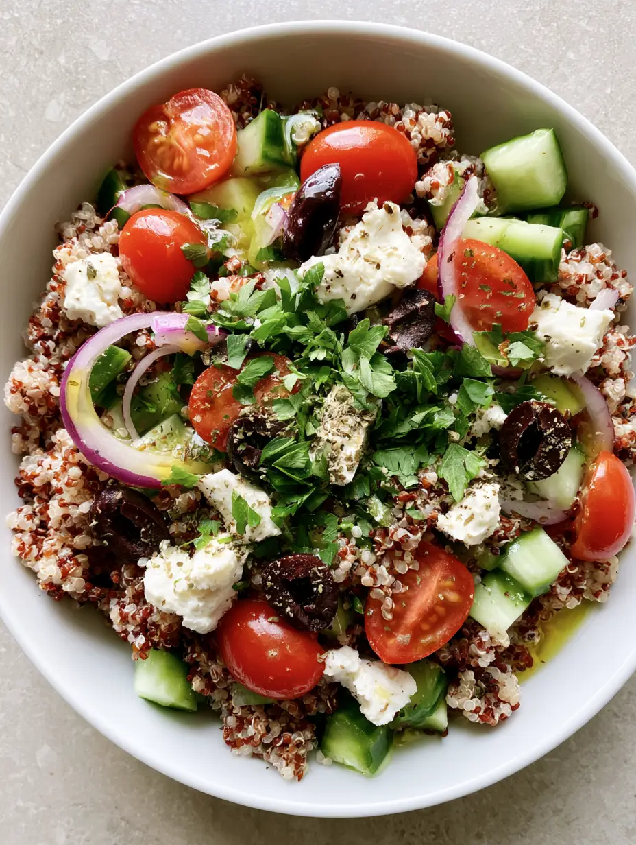 Mediterranean Quinoa Salad: The Ultimate Fresh & Healthy Lunch 4 Top-down view of a Mediterranean Quinoa Salad in a white bowl on a stone surface showing red and white quinoa. (Mediterranean Quinoa Salad)