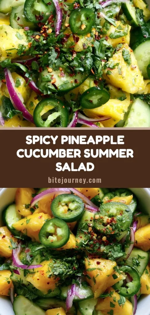 A top-down view of Spicy Pineapple Cucumber Salad in a white bowl featuring cucumber half-moons, pineapple chunks, red onion, and jalapeno rounds.