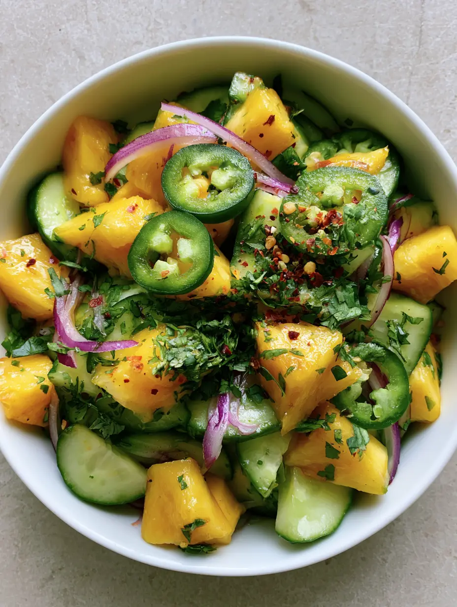 Close-up of fresh Spicy Pineapple Cucumber Salad with golden pineapple chunks and crisp green cucumber slices garnished with chili flakes.