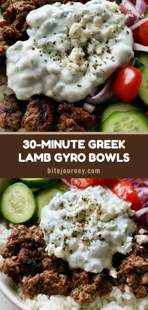 A top-down view of a Greek Lamb Gyro Bowl featuring charred ground lamb, white rice, fresh cucumbers, tomatoes, and a dollop of creamy tzatziki.