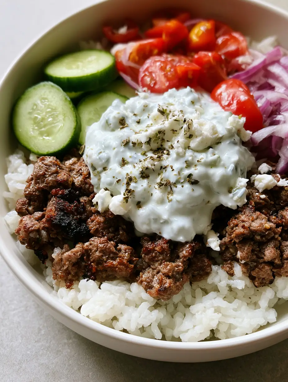Close-up smartphone photo of Greek Lamb Gyro Bowls in a white ceramic bowl with visible textures of charred lamb and creamy sauce.