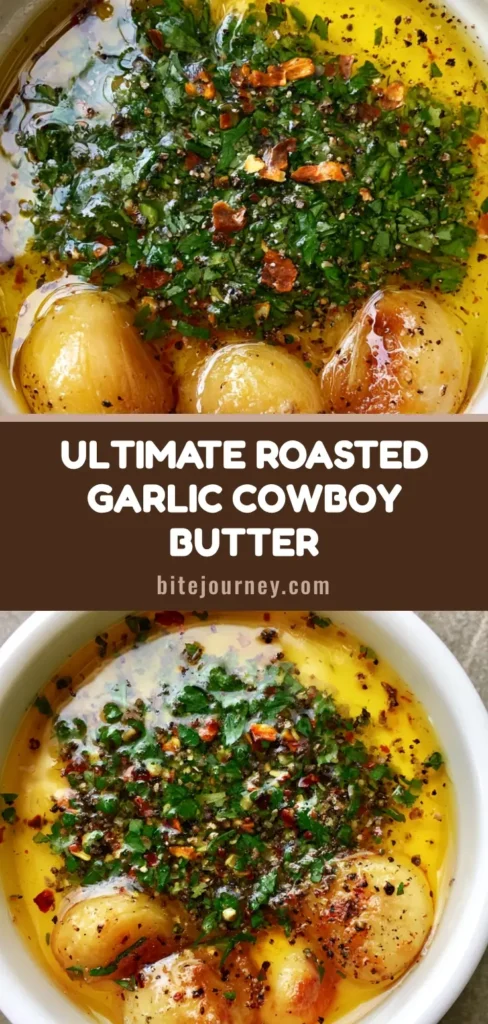 A top-down close-up of Roasted Garlic Cowboy Butter in a white ramekin with visible parsley and caramelized garlic cloves.