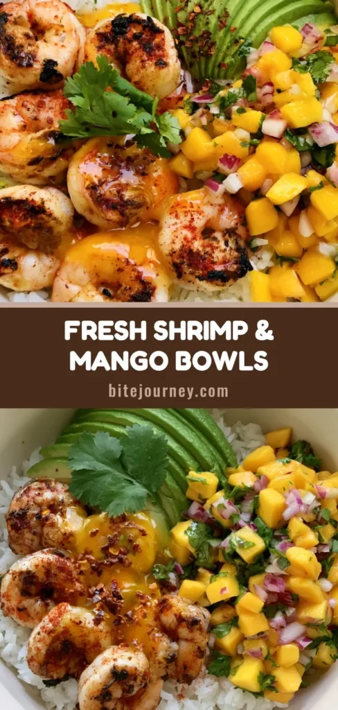 A vibrant Shrimp and Avocado Bowl featuring charred chili-dusted jumbo shrimp, fanned green avocado, and bright mango salsa over a bed of fluffy jasmine rice. (Shrimp and Avocado Bowls)