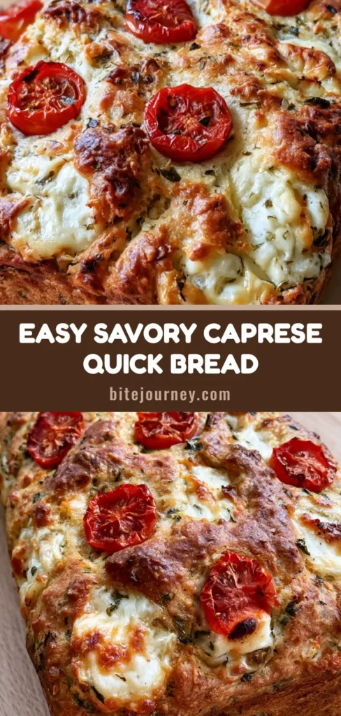 Caprese Quick Bread: The Ultimate Savory Mozzarella and Tomato Loaf 3 A freshly baked golden brown Caprese Quick Bread loaf with blistered cherry tomatoes and melted mozzarella on a wooden surface.