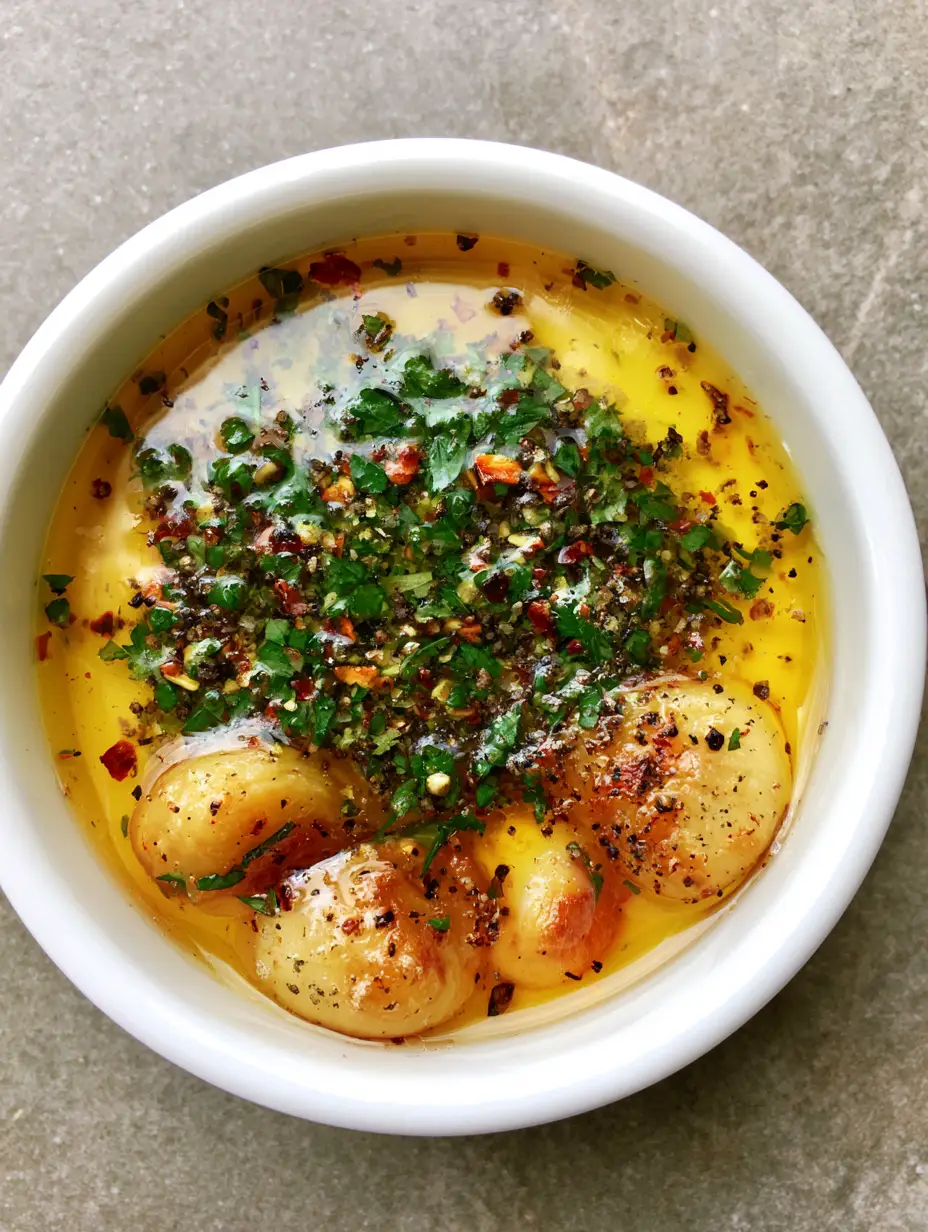 Melted golden Roasted Garlic Cowboy Butter with flecks of parsley and red pepper in a ceramic bowl.