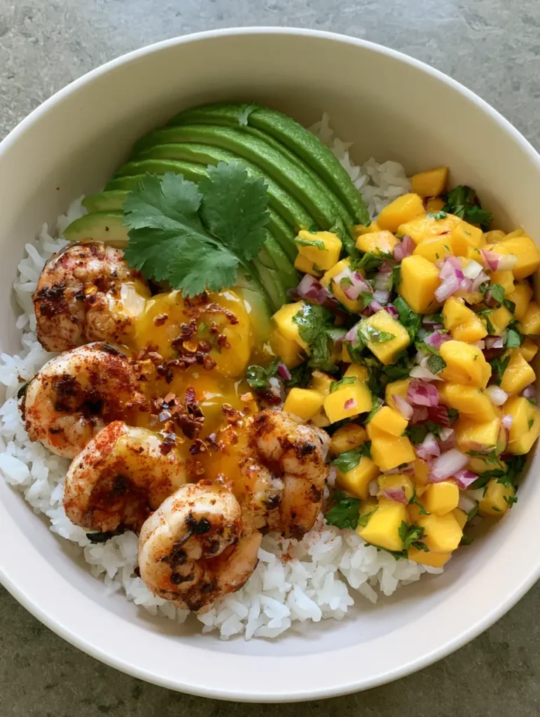 Close up of the lime-chili glaze drizzled over grilled jumbo shrimp in a Shrimp and Avocado Bowl.