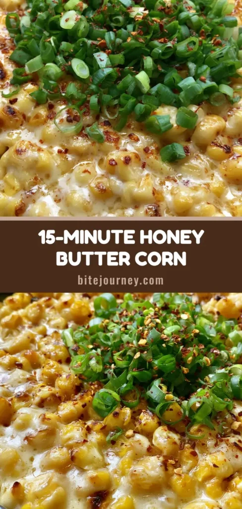 A black cast iron skillet filled with Honey Butter Skillet Corn, featuring charred kernels, a thick ivory cream sauce, glossy glaze, green scallions, and red chili flakes.
