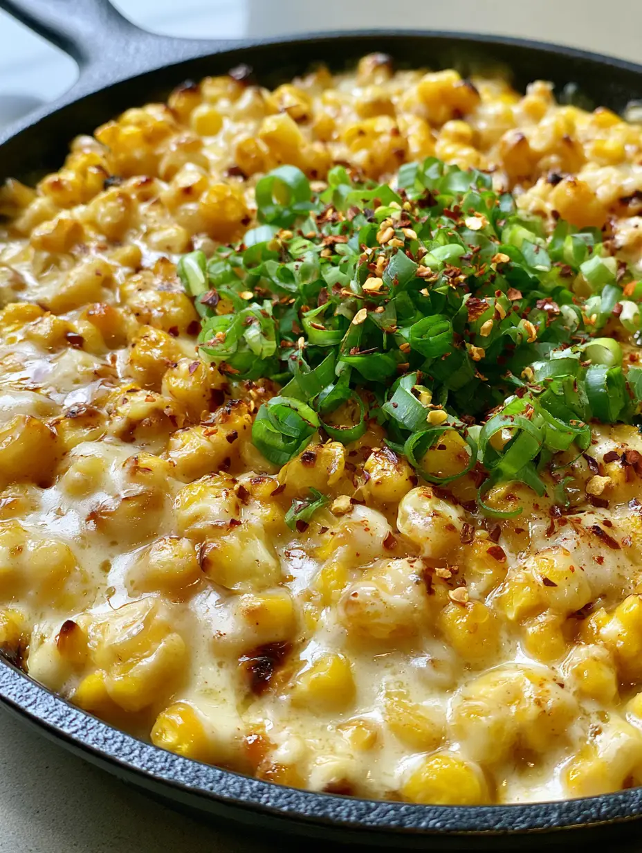 Close-up of golden corn kernels with charred edges in a thick ivory cream sauce and honey glaze. (Honey Butter Skillet Corn)