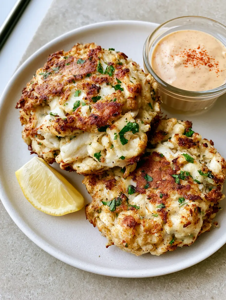 Top-down view of two thick jumbo lump crab cakes with crispy golden edges and parsley. (Maryland Crab Cakes Recipe)
