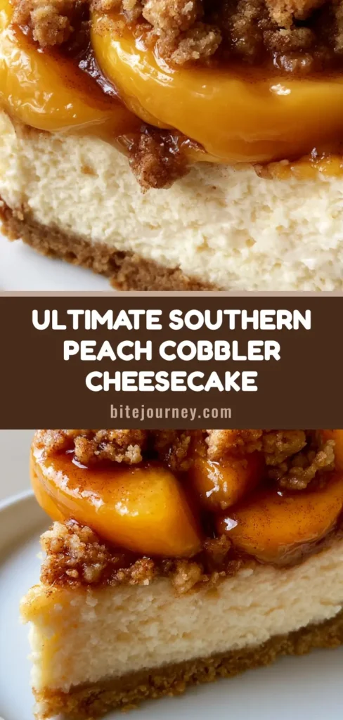 A towering slice of Peach Cobbler Cheesecake with a golden crumble topping and dripping cinnamon syrup on a white plate.