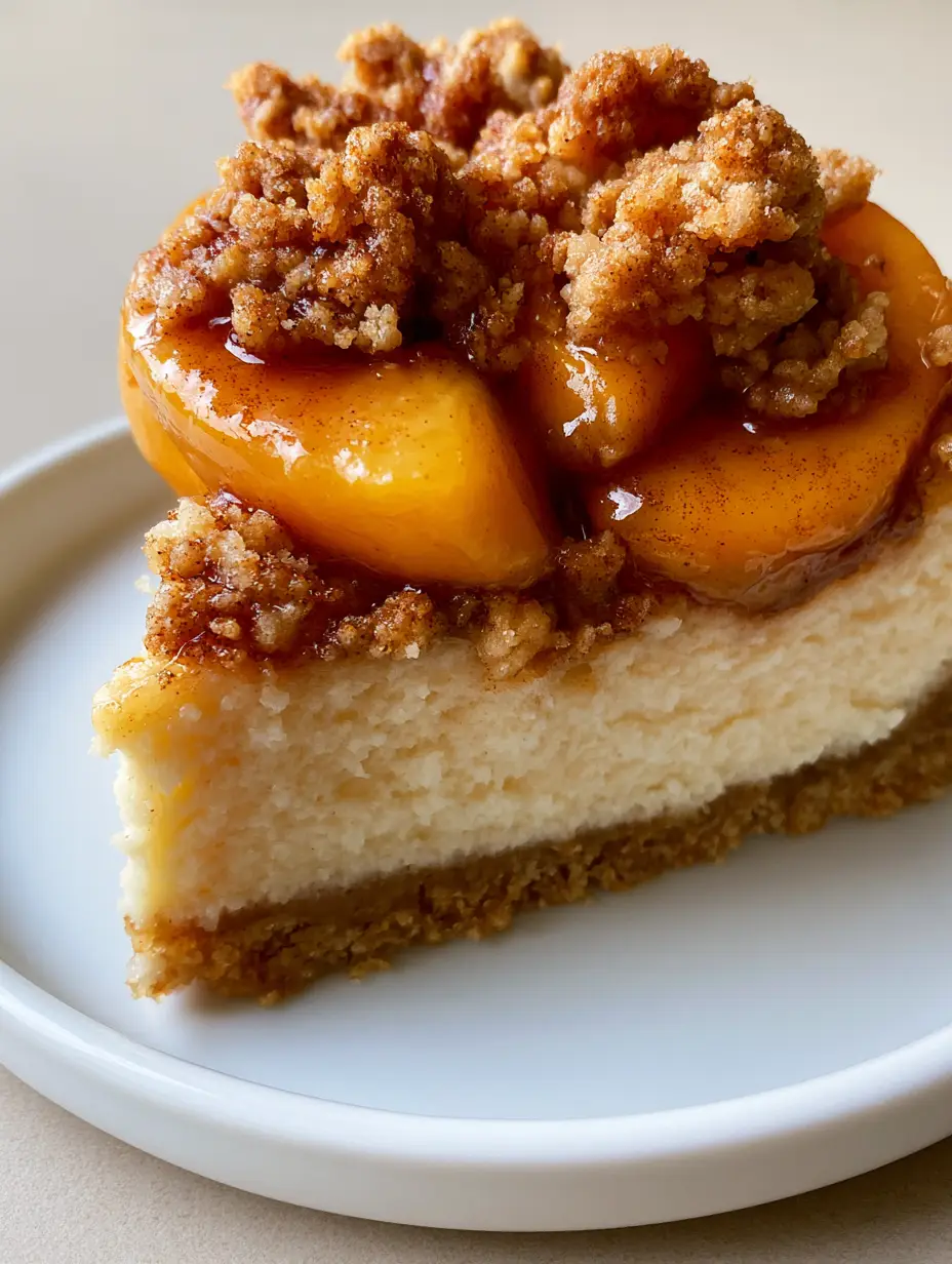 Side view of a tall slice of peach cobbler cheesecake showing the thick graham cracker crust, ivory filling, and chunky peach crumble topping.