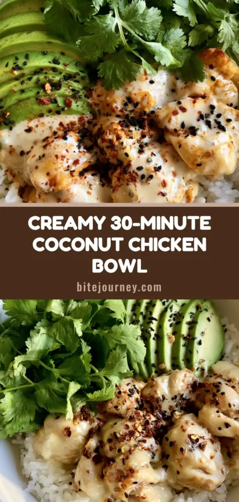 A top-down view of a Coconut Chicken Rice Bowl in a white ceramic bowl with creamy sauce, avocado, and cilantro.
