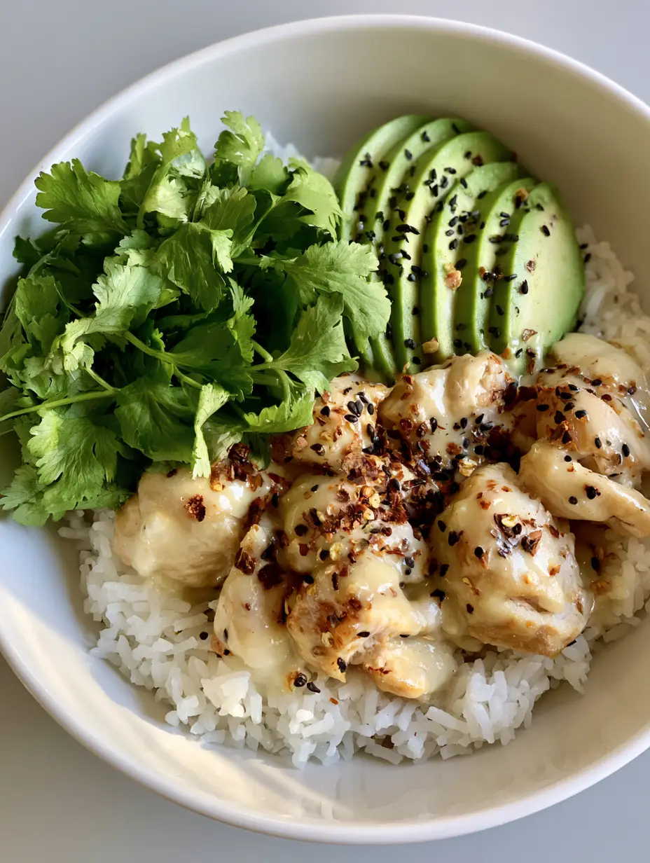 A handheld smartphone photo of a Coconut Chicken Rice Bowl showing the fluffy jasmine rice and glossy sauce.