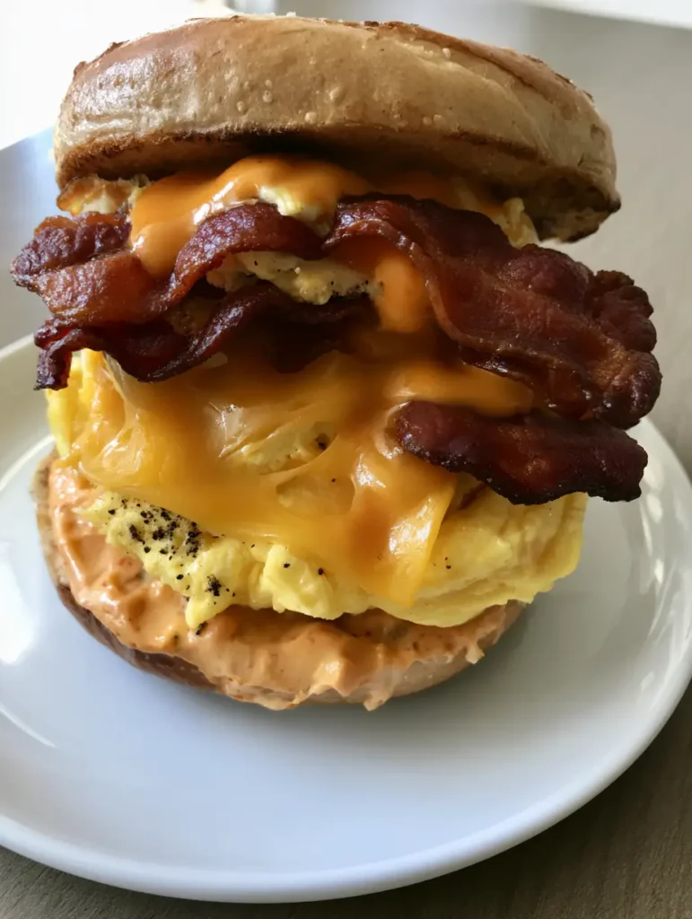 Close up of a Spicy Chipotle Breakfast Sandwich showing the orange aioli and fluffy folded eggs.