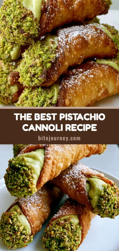 A tall stack of handmade pistachio cannoli on a white plate, featuring bubbled golden shells and pale green cream. (Pistachio Cannoli Recipe)