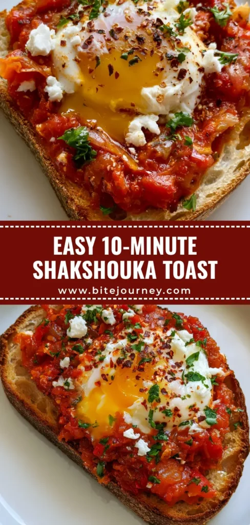 Shakshouka Toast: The Ultimate Savory Brunch with Runny Yolks 4 A close-up of Shakshouka Toast on a white plate with a runny poached egg and crumbled feta.