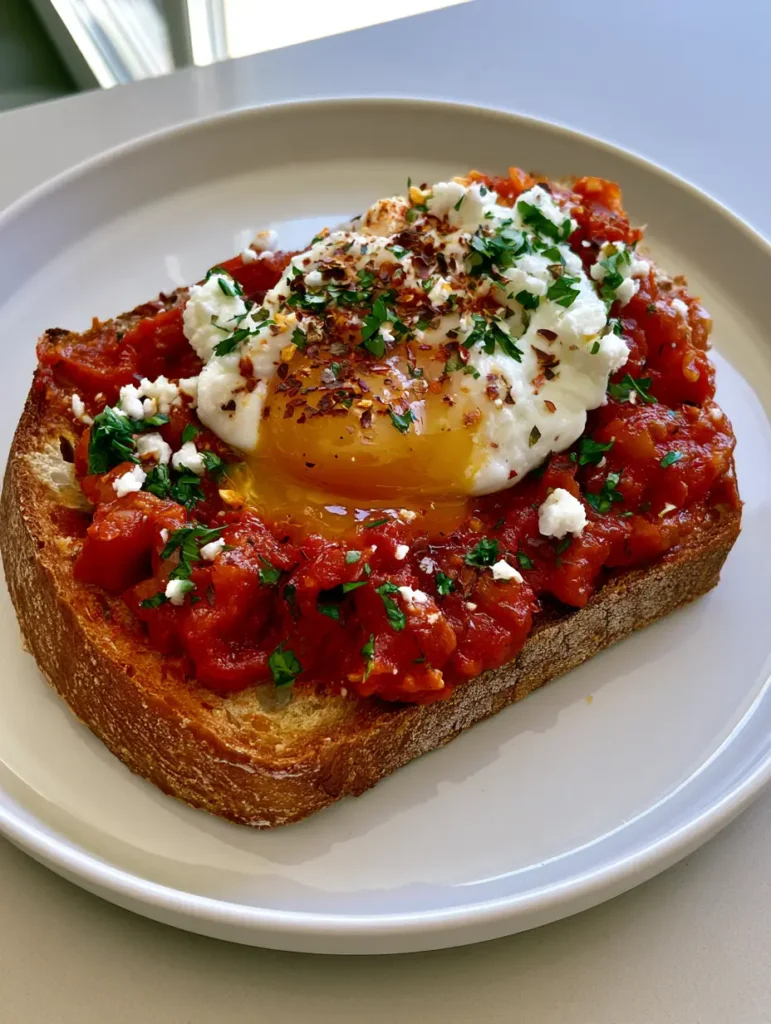 Shakshouka Toast: The Ultimate Savory Brunch with Runny Yolks 1 Detailed shot of a poached egg breaking over chunky shakshouka sauce on sourdough toast.