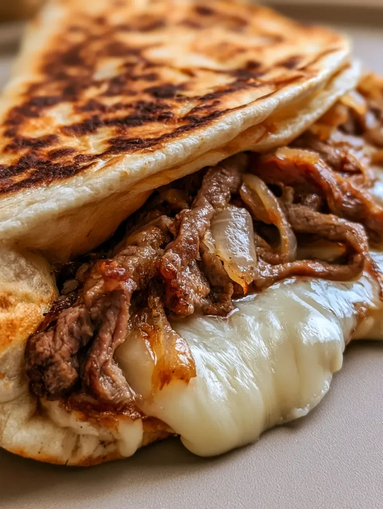 Blackstone Steak Quesadillas with Caramelized Onions and Melty Cheese 1 Toasted flour tortilla with dark brown char marks from a Blackstone griddle.