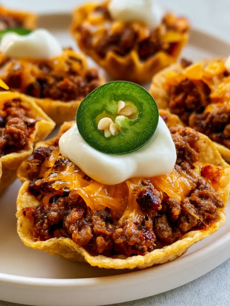 Creative Fun Dinner Ideas: Loaded Mini Taco Appetizer Scoops 1 A close up of taco scoops with thick sour cream and fresh jalapeño slices.