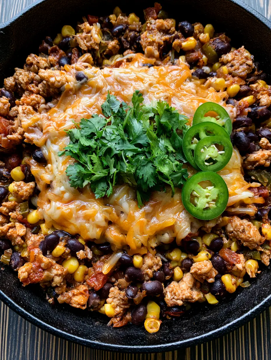 Close-up of moist browned ground turkey crumbles mixed with black beans and corn in a black skillet. (Ground Turkey Taco Skillet)