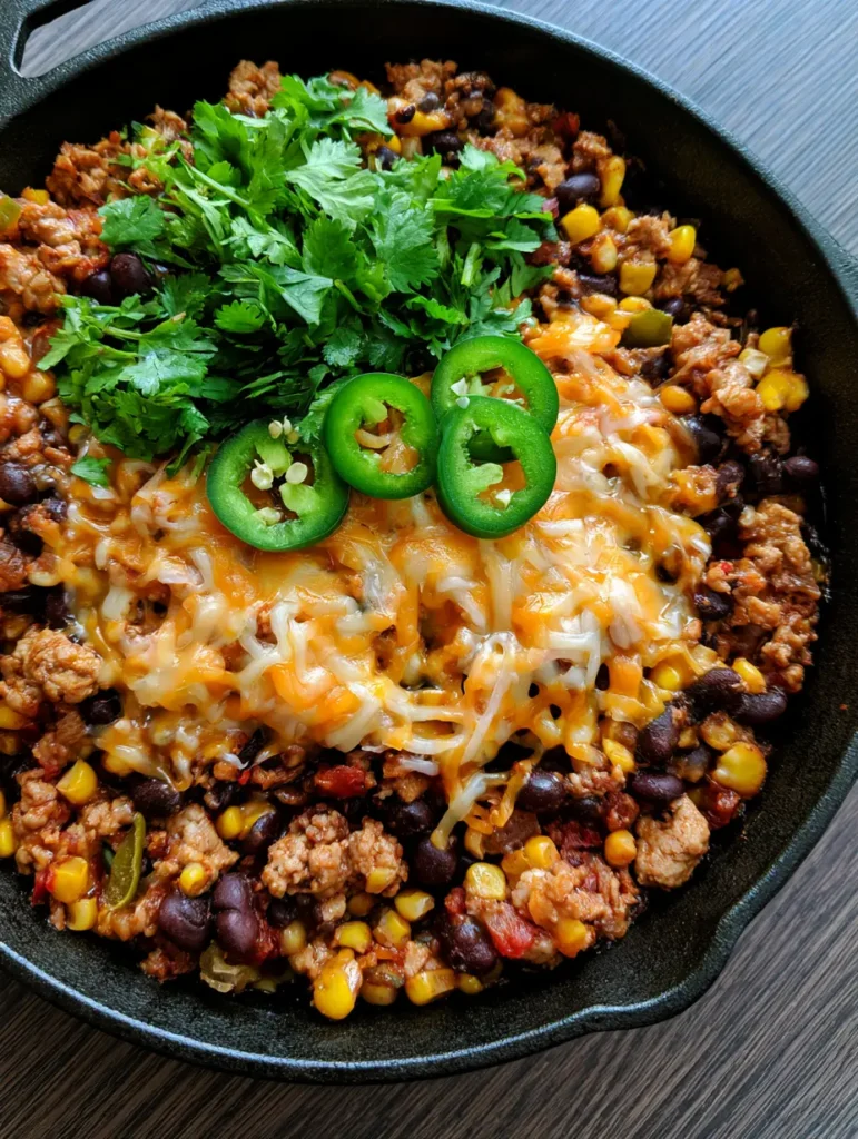 A bubbling layer of melted orange and white cheese topped with fresh green cilantro and jalapeño slices in a Ground Turkey Taco Skillet.