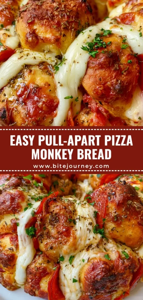 Pepperoni Pizza Monkey Bread: The Ultimate Cheesy Pull-Apart Recipe 3 A pull-apart ring of Pepperoni Pizza Monkey Bread with melted bubbling mozzarella and golden-brown dough balls on a white platter.