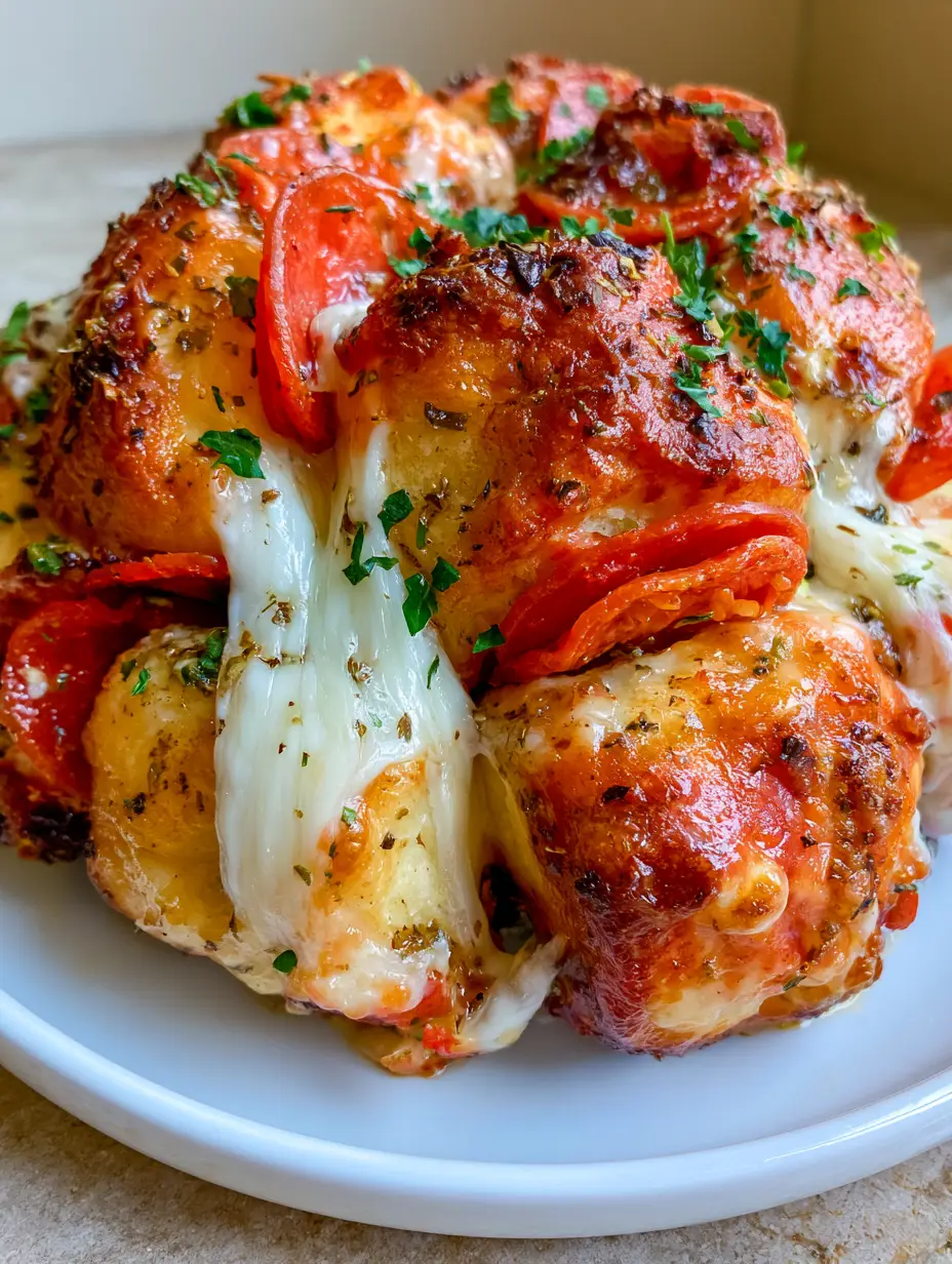 Pepperoni Pizza Monkey Bread: The Ultimate Cheesy Pull-Apart Recipe 4 Close up handheld photo of golden-brown Pepperoni Pizza Monkey Bread glistening with garlic butter.