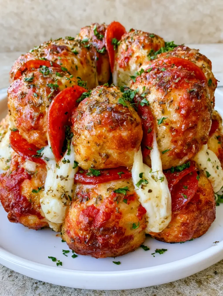 Pepperoni Pizza Monkey Bread: The Ultimate Cheesy Pull-Apart Recipe 1 A handheld shot of a Pepperoni Pizza Monkey Bread dough ball being pulled away with a long cheese stretch.