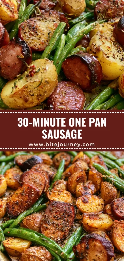 One Pan Sausage and Potatoes with Roasted Green Beans 3 A rustic metal sheet pan filled with roasted One Pan Sausage and Potatoes, showing seared sausage rounds, blistered gold potatoes, and charred green beans on parchment paper.