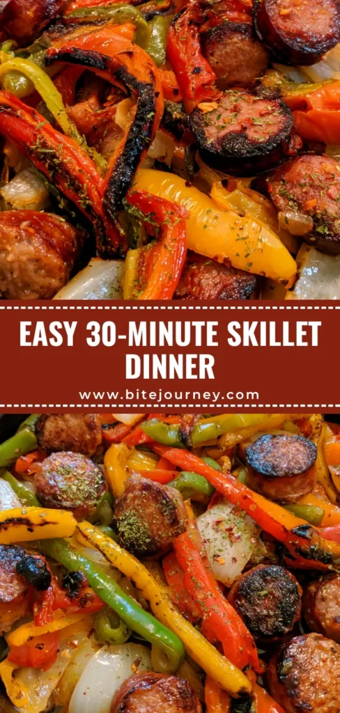 A top-down rustic shot of a black cast iron Sausage and Peppers Skillet with seared sausage rounds and charred bell peppers.