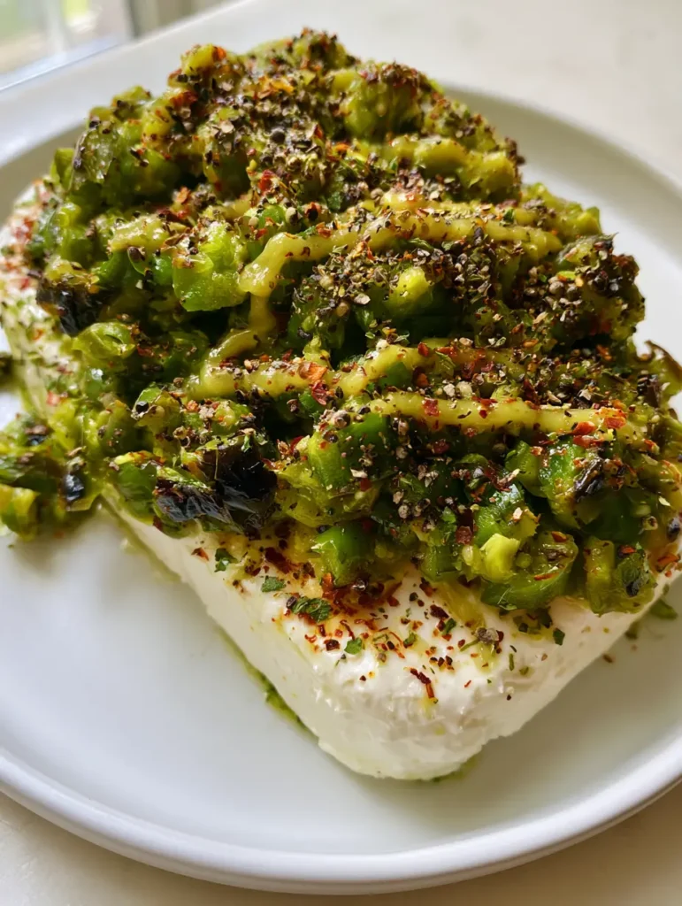 A top-down view of Roasted Jalapeño Cowboy Cream Cheese on a white plate with a Dijon mustard zigzag.